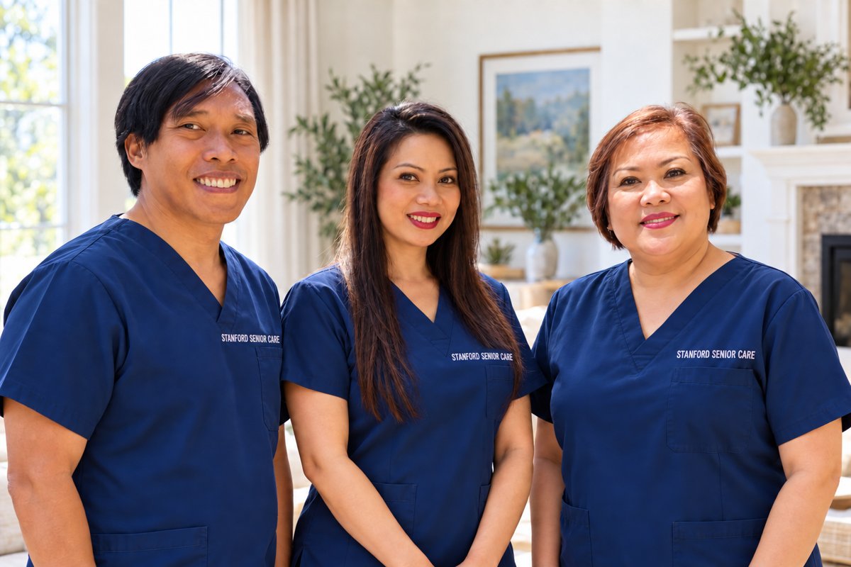 Three care team members in Stanford Senior Care uniforms